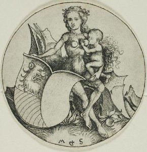 Shield With A Lion's Head,held By A Wild Women — Martin Schongauer