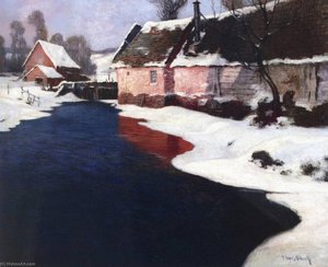 Factory By River, Winter — Georges Ames Aldrich, Impressionism