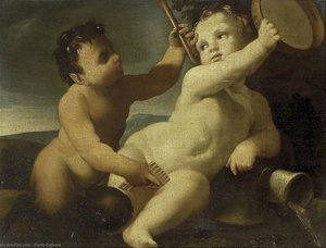 A Putto With A Tambourine And An Infant Satyr With A Panpipe