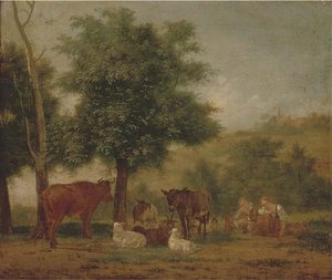 A Young Couple Resting Under A Tree With Animal Companions — Pieter Gerardus Van Os