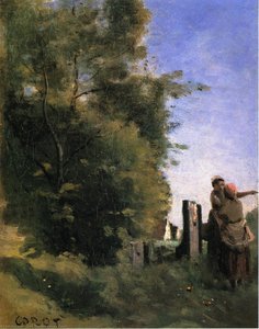 Two Women Talking By A Gate — Jean-baptiste-camille Corot