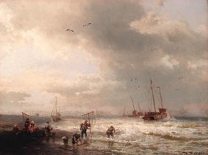 Fishermen By The Shore Of A Stormy Sea — Herman Herzog