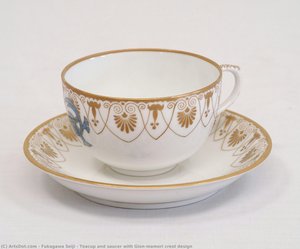 Teacup And Saucer With Gion-mamori Crest Design — Fukagawa Seiji