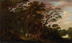 Forest landscape with farmer couple and hunters.