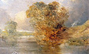 River Scene with a Tree to the Right and Wooden Palings on the Left