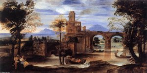 Roman River Landscape With Castle And Bridge — Annibale Carracci, Baroque