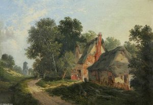 Thatched Farm Buildings By A Woodland Path — John Berney Ladbrooke