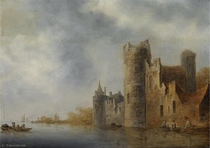 A River Landscape With A Ruined Castle And Men Casting A Net From A Rowing Boat — Wouter Knijff