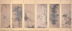 Screen Depicting Landscape, People, Flowers And Birds — Unkoku Togan