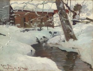 A Snow-covered Cottage By A Stream — Frits Thaulow