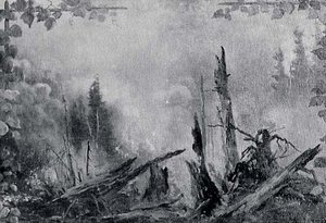 Panorama of Lake Coeur d'Alene, Idaho Forest Fire in North Idaho Woods, (painting)