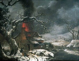Wintry Scene With A Burning Cottage In The Foreground — George Smith
