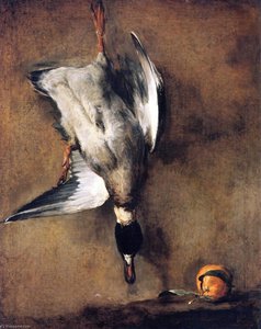 A Mallard Drake Hanging On A Wall And A Seville Orange — Jean-baptiste-siméon Chardin