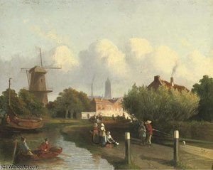 A Busy Canal Near A Dutch Town — Joseph Bles