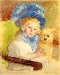 Simone In A Large Plumed Hat, Seated, Holding A Griffon Dog — Mary Stevenson Cassatt, Impressionism