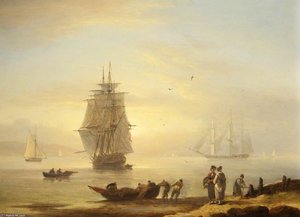 Men-o'-war And Figures On The Shore At Teignmouth — Thomas Luny