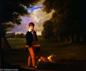 Young Man With A Cricket Bat Walking A Spaniel — Ramsay Richard Reinagle