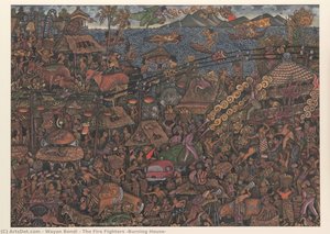 The Fire Fighters (burning House) — Wayan Bendi, Balinese Traditional Painting
