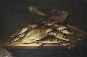 A Pike, A Carp, A Perch, And Various Other Fish, Nets And Other Fishing Equipment On A Table