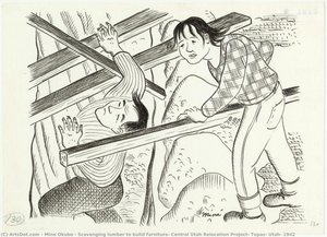 Scavenging Lumber To Build Furniture, Central Utah Relocation Project, Topaz, Utah, 1942 — Miné Okubo