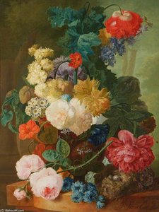 Roses, Peony, Auricula And Fritillary In A Vase — Jan Van Os