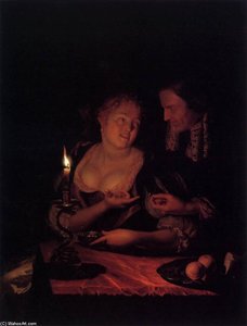 Gentleman Offering A Lady A Ring In A Candlelit Bedroom — Godfried Schalcken
