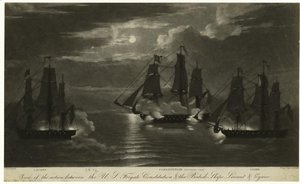 View of the action between the U.S. frigate Constitution ^ the British ships Levant ^ Cyane