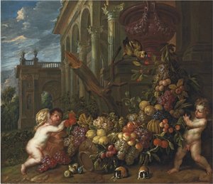 An Architectural Capriccio With Putti Around A Swag Of Fruit, With A Parrot And Guineau Pig — Jan Pauwel The Younger Gillemans