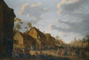Village street with peasants carousing outside an inn