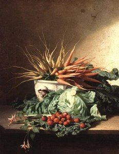 Still Life Of Strawberries, Carrots And Cabbage