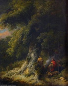 Landscape With Gypsy Figures At A Fire In A Wood — George Morland