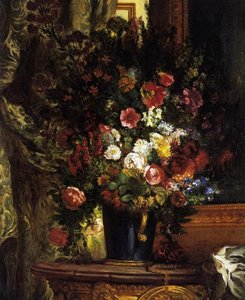 A Vase Of Flowers On A Console — Eugène Delacroix