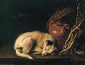 Sleeping Dog With Terracotta Jug, Basket And Kindling Wood — Gerrit Dou