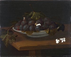 Fruit bowl with plums and figs and two jasmines on a table