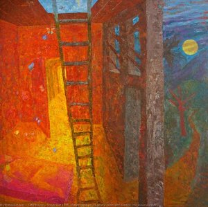 Inside Out 1986 (figure Lying On A Bed In A Room With Ladder, The Moon Outside) — Sally Moore