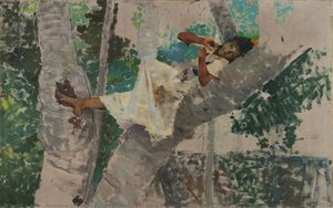 Girl lying on the trunk of a tree