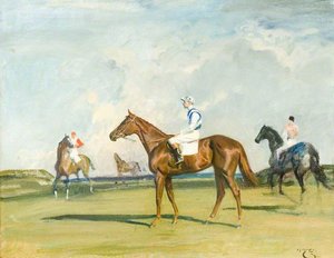 'happy Laughter', A Chestnut Racehorse, With Jockey Up In A Landscape — Sir Alfred James Munnings