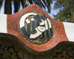 Park Guell, Barcelona: Mosaic Medallion Showing The Name Of The Park — Antoni Gaudí