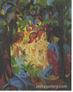 Bathing girls with town in the backgraund