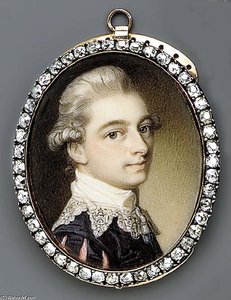 A Young Gentleman, Facing Right In Black Doublet, The Sleeves Slashed To Reveal Pink, White Shirt With Van Dyck Collar, Powdered Hair En Queue — Richard Cosway, Rococo