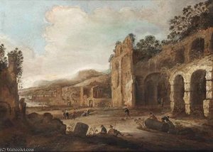 An Italianate Mountainous Landscape With Roman Ruins Near The Coast And Numerous Figures — Dirck Verhaert, Baroque