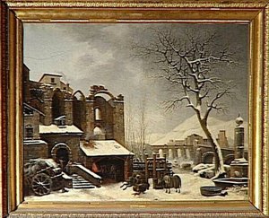Ruines D'une Église Gothique Avec Un Pont Dans Le Lointain, Couverts De Neige Paysage. Effet De Neige (autre Titre) — Van Loo Jules Cesar Denis