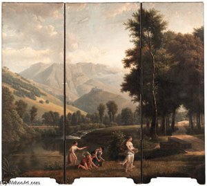 An Arcadian Landscape With Maidens Gathering Flowers By A River Bank, A Hilltop Castle Beyond — Alexandre-hyacinthe Dunouy, Romanticism