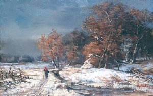 Paysage de neige avec enfant au bonnet rouge