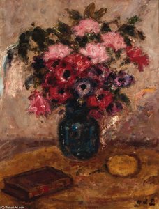 Roses And Anemonies In A Vase On A Table