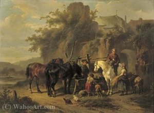 Feeding the horses by an old town wall