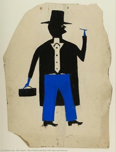 Man in Black and Blue with Cigar and Suitcase