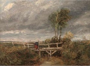 A Woman Crossing A Wooden Bridge In A Stormy Landscape — David Cox