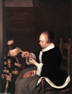 A Woman Spinning — Gerard Ter Borch, Baroque