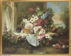 Roses, Peonies, Daisies And Other Flowers In A Basket, On A Ledge, A Landscape Beyond — Thomas George Webster